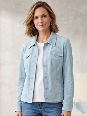 Tribal Pale Blue Suede Like Button-Front Jacket